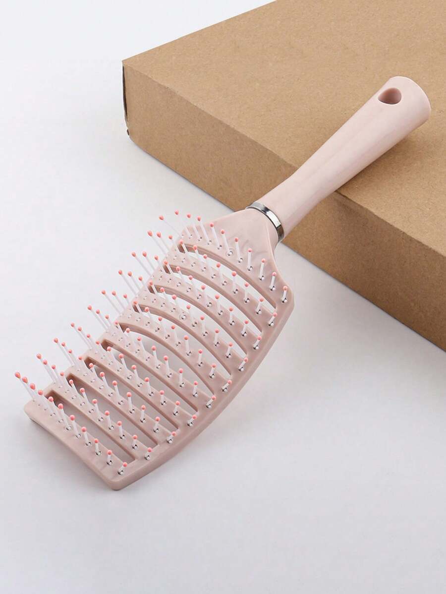 1pc Large Curved Anti-static Plastic Brush With 9 Rows Of Teeth For Voluminous, Ribbed & Massage Effect, Suitable For Hair Styling For Men & Women, Suitable For Long & Thick Hair, Paddle Shape Hair Comb. - Pink - View 1