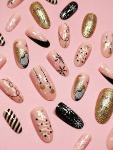 24入組中長款聖誕冬季指甲貼,有雪花、鑽石、金粉、樹葉、聖誕老人、黑白條紋、聖誕樹、星星設計,法式經典優雅橢圓形指甲,+ 1個啫喱緩衝器和1個指甲角質棒,套裝 - 彩色 - 查看 3