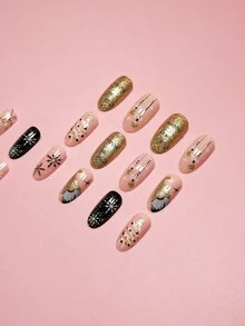 24入組中長款聖誕冬季指甲貼,有雪花、鑽石、金粉、樹葉、聖誕老人、黑白條紋、聖誕樹、星星設計,法式經典優雅橢圓形指甲,+ 1個啫喱緩衝器和1個指甲角質棒,套裝 - 彩色 - 查看 5