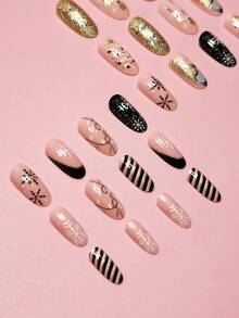 24入組中長款聖誕冬季指甲貼,有雪花、鑽石、金粉、樹葉、聖誕老人、黑白條紋、聖誕樹、星星設計,法式經典優雅橢圓形指甲,+ 1個啫喱緩衝器和1個指甲角質棒,套裝 - 彩色 - 查看 4