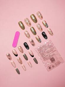 24入組中長款聖誕冬季指甲貼,有雪花、鑽石、金粉、樹葉、聖誕老人、黑白條紋、聖誕樹、星星設計,法式經典優雅橢圓形指甲,+ 1個啫喱緩衝器和1個指甲角質棒,套裝 - 彩色 - 查看 6