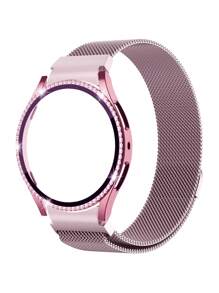 2 in 1 Uhrenarmband + Uhrengehäuse Kombinations-Set kompatibel mit Samsung Galaxy Watch 4 5 6 7 40/44 mm Uhrenarmband Gehäuse, Lässig Business Milanaise-Stil Edelstahl geflochtene Schleife magnetisches Uhrenarmband und glänzender diamantbesetzter kratzfester und stoßfester PC und gehärteter Glas Displayschutz integriertes Uhrengehäuse kompatibel mit Samsung Galaxy Watch 40/44 mm Uhrenarmband Gehäuse, modisch und leicht zu tragen für Frauen