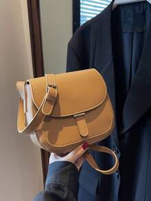 Mini Fashion Saddle Bag With Simple Flap Design, Adjustable Shoulder Strap, Multipurpose Crossbody Shoulder Bag - Khaki - View 8