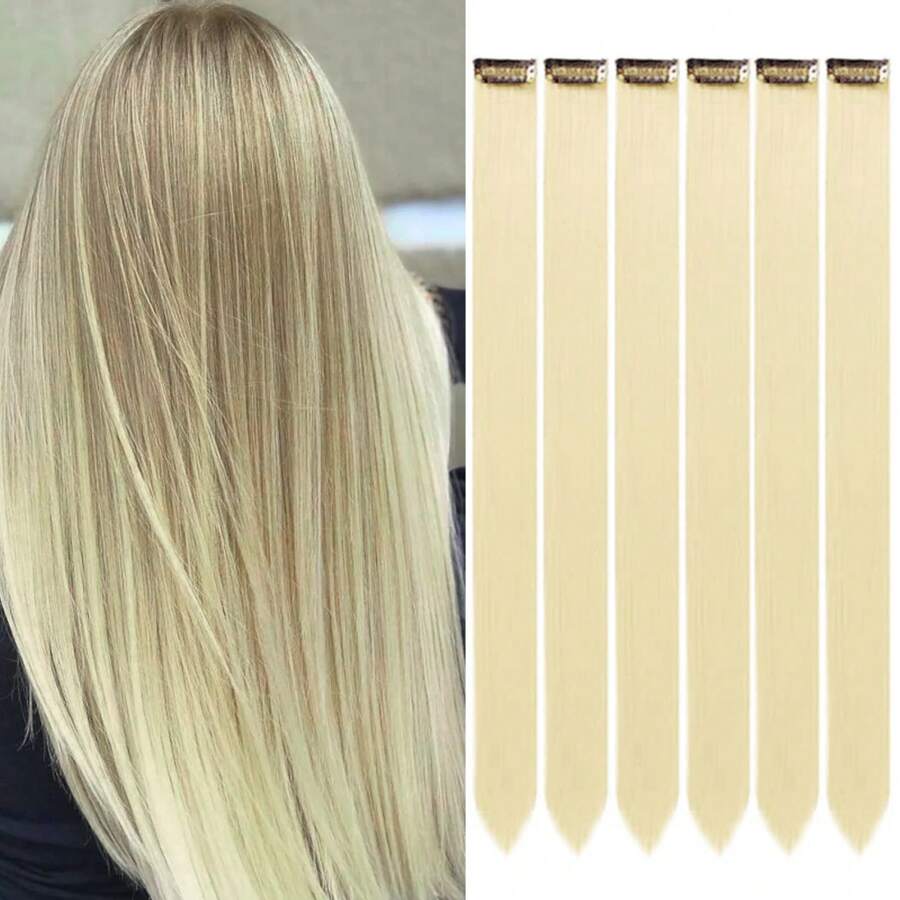 6 piezas Extensiones de cabello con clip de colores, destellos de fiesta, extensiones de cabello liso dorado de 20 pulgadas, pelucas sintéticas con clip, adecuadas para disfraz de Halloween, Navidad, regalo de Año Nuevo, mujeres (dorado)