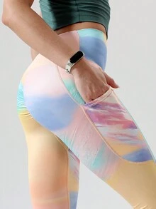 桃紅色彩薩菲亞花卉圖案褲襪,高腰,控肚,口袋,無痕感,壓縮運動健身瑜珈褲 - 淺灰紫 - 查看 2