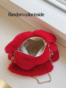 1个纯色心形毛绒手提包，休闲时尚，柔软舒适，配有可调节肩带和小吊坠，适合秋冬季节和情人节使用。 - 紅色 - 查看 5
