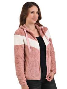 SHEIN Chamarra Suéter de Peluche Violeta para Mujer con franja, capucha y resortes en los puños - Rosa Pálido - Ver 4