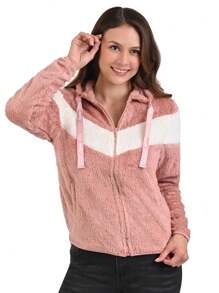 SHEIN Chamarra Suéter de Peluche Violeta para Mujer con franja, capucha y resortes en los puños - Rosa Pálido - Ver 1