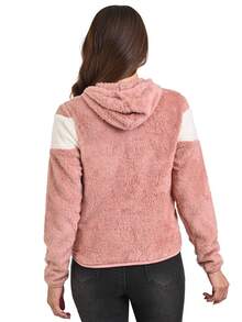 SHEIN Chamarra Suéter de Peluche Violeta para Mujer con franja, capucha y resortes en los puños - Rosa Pálido - Ver 2