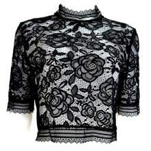 Crop Top De Encaje Transparente Y Manga Corta - Negro - Ver 4