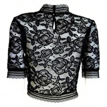 Crop Top De Encaje Transparente Y Manga Corta - Negro - Ver 2