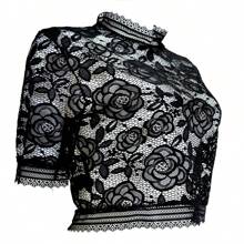 Crop Top De Encaje Transparente Y Manga Corta - Negro - Ver 1