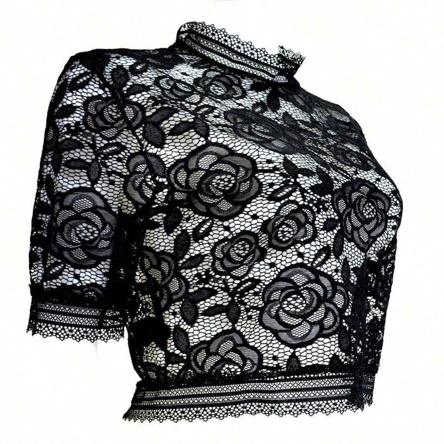 Crop Top De Encaje Transparente Y Manga Corta - Negro - Ver 1