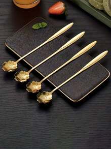 4pcs Stainless Steel Long-Handled Mixing Spoon, Small Spoon, Coffee Spoon, Extended Creative Ice Spoon, Sweetness Honey Petal Spoon,Kitchen,Christmas Gift,School Supplies - Gold - View 4