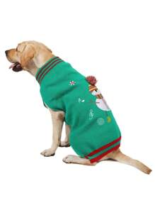 1件綠色針織寵物毛衣,帶有毛絨球和聖誕樂譜印花,適用於狗狗,冬季保暖 - 綠色 - 查看 7