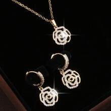 3入組時尚優雅的玫瑰花耳環和項鍊套裝,女士專用 - 白色 - 查看 8