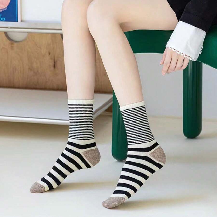 1雙女士細條紋中筒襪,色塊細條紋設計,時尚百搭船型襪 - 彩色 - 查看 1