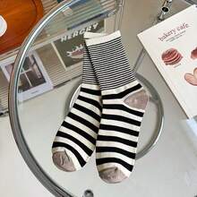 1雙女士細條紋中筒襪,色塊細條紋設計,時尚百搭船型襪 - 彩色 - 查看 4