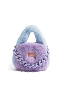 拼色柔軟絨毛袋,鏈條肩背包,蓬鬆女士手提包,小方包,毛茸茸可愛袋,絨毛手拿包,上把手提包,適用於女性,少女,秋冬,戶外 - 藍色 - 查看 6