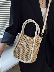 夏季復古休閒草編包手提水桶斜背包