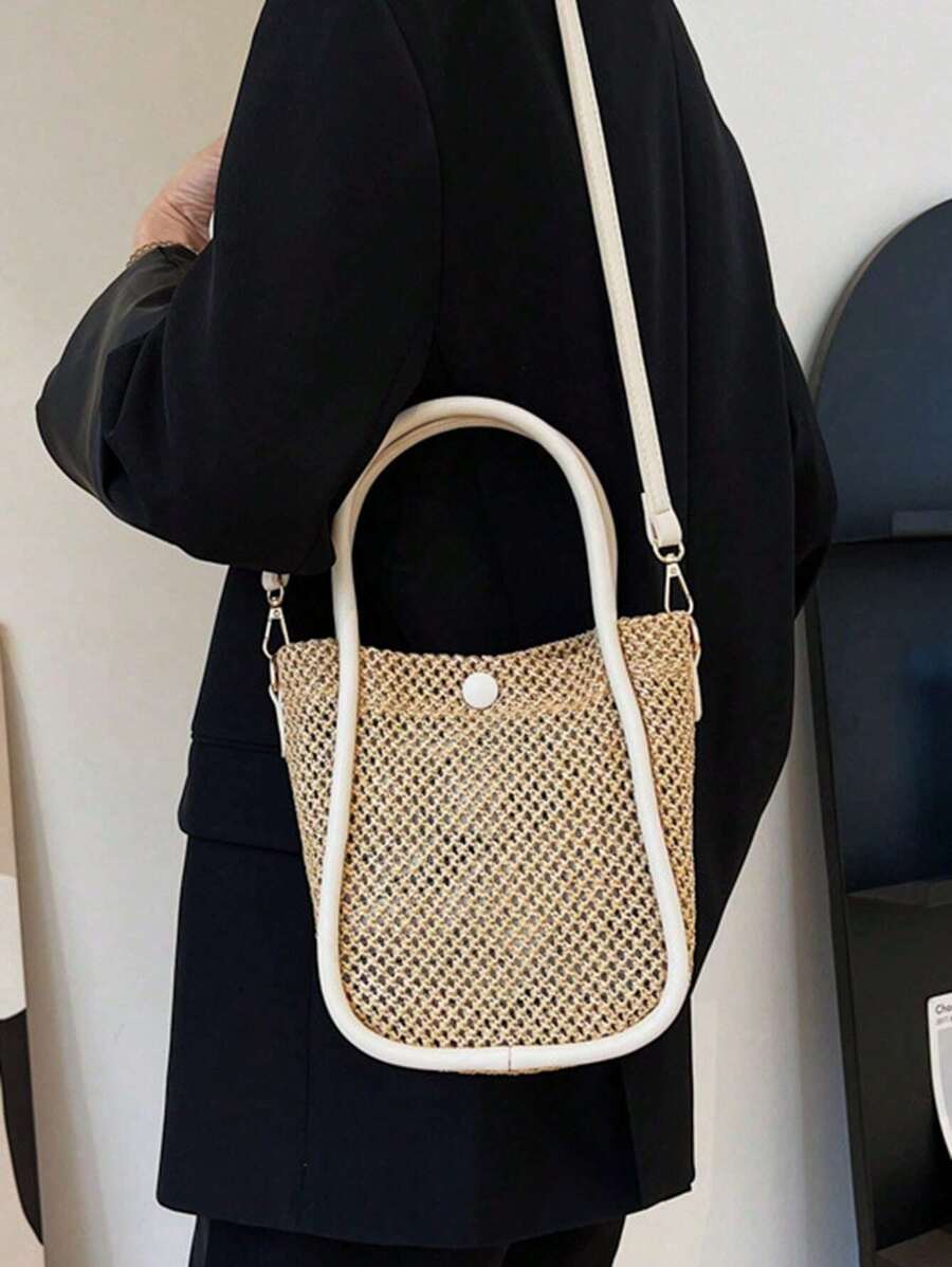 夏季復古休閒草編包手提水桶斜背包