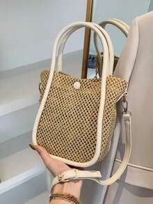 夏季復古休閒草編包手提水桶斜背包