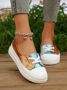 Nova Chegada Outono Inverno Marrom E Prata Leve Feminino Salto Cunha Sapatos De Sola Grossa, Amarrar, Confortável, Antiderrapante, Adequado Para Ocasiões Casuais E Esportivas - Castanho - Ver 3