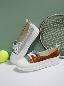 Nova Chegada Outono Inverno Marrom E Prata Leve Feminino Salto Cunha Sapatos De Sola Grossa, Amarrar, Confortável, Antiderrapante, Adequado Para Ocasiões Casuais E Esportivas - Castanho - Ver 5