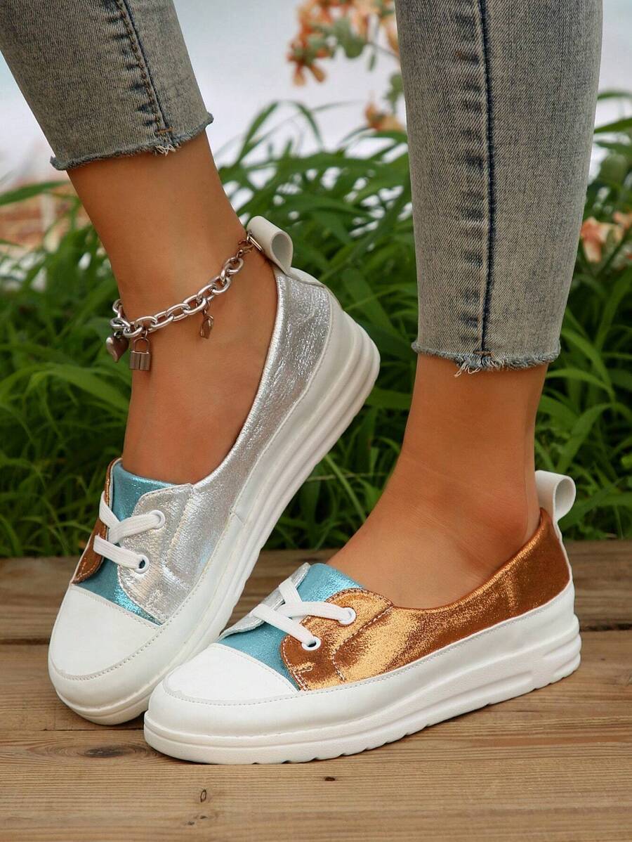 Nova Chegada Outono Inverno Marrom E Prata Leve Feminino Salto Cunha Sapatos De Sola Grossa, Amarrar, Confortável, Antiderrapante, Adequado Para Ocasiões Casuais E Esportivas - Castanho - Ver 1