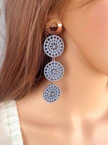1對復古木質圓形中空長吊墜耳環,日常配戴珠寶飾品