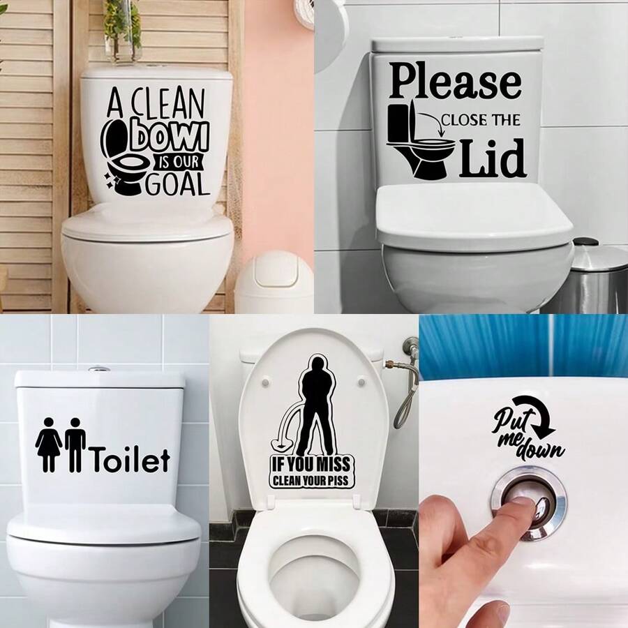 1張標誌馬桶貼紙牆紙,自粘式可拆式藝術膠貼紙,適用於廁所裝飾 - 黑色 - 查看 1