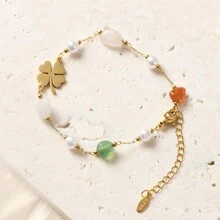 1 件女士时尚不锈钢四叶草和心形吊坠手链