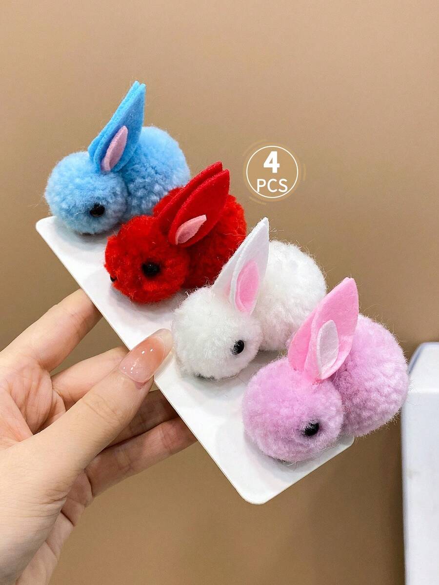 4入組可愛卡通毛絨兔子髮夾,適用於女孩