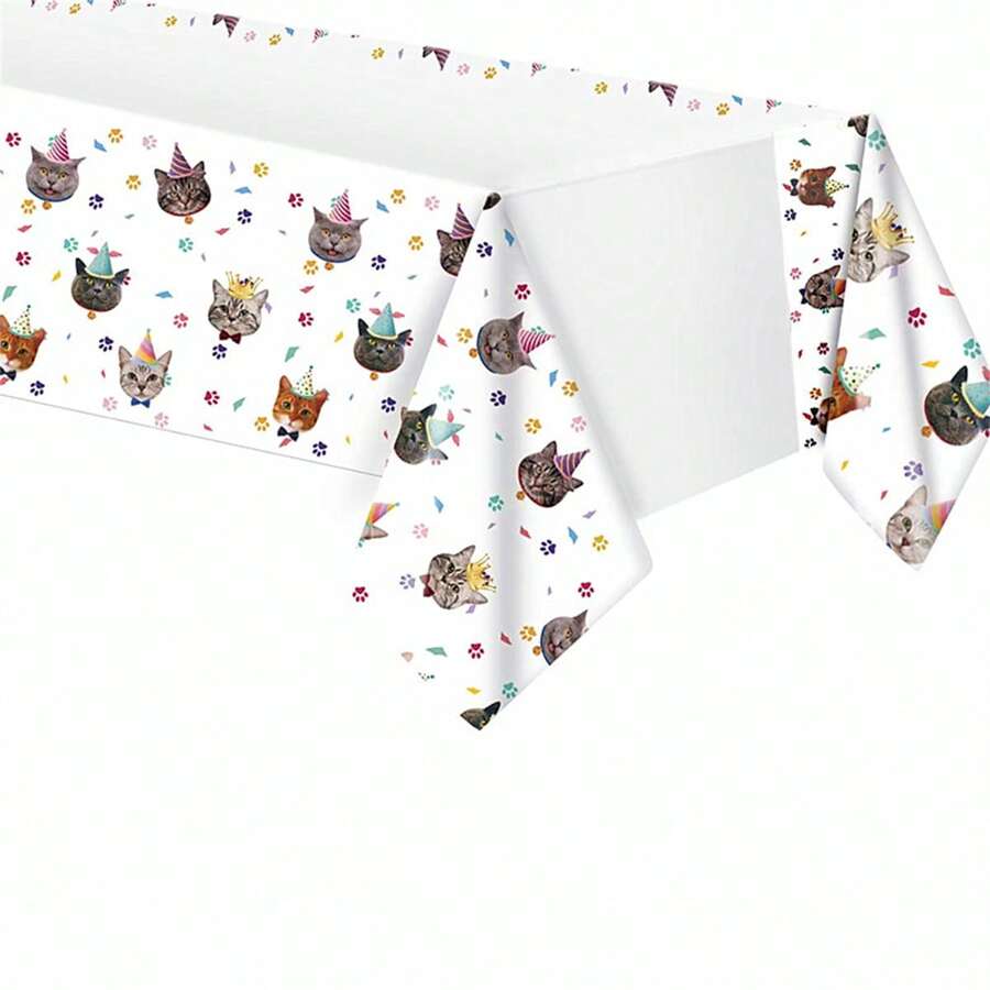 1Pc, Pet Cat Themed Party Tablecloth, Cat Paw Print Plastic Tablecloth Table Cover, Birthday Party Tableware Supplies For Puppy Cat Birthday Decorations Party Favors - As Shown In the Figure - View 1