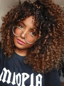 14 吋短捲髮假髮 - 非洲捲髮假髮帶瀏海 2 色調混合棕色合成耐熱全假髮帶假髮 - 彩色 - 查看 1