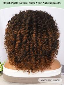 14 吋短捲髮假髮 - 非洲捲髮假髮帶瀏海 2 色調混合棕色合成耐熱全假髮帶假髮 - 彩色 - 查看 4