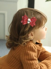 2件套女童/女婴金色圣诞发饰 - 3英寸闪亮皮革蝴蝶结和驯鹿装饰可爱发夹，适合刘海和日常佩戴