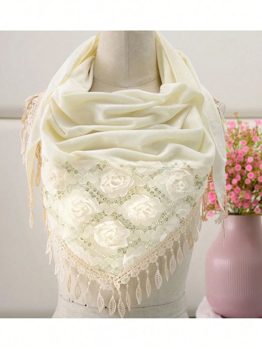 1 Khăn quàng tam giác thêu hoa hồng & tua rua có công dụng kép dành cho nữ, trang trí đầu quấn dành cho người lớn, thích hợp để sử dụng hàng ngày vào mùa thu và mùa đông - Màu be - Xem 1