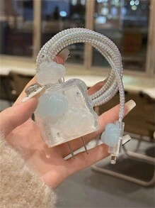 Vỏ bảo vệ USB viền sóng Epoxy hình đám mây 3D dễ thương tương thích với dây cáp dữ liệu 18W-20W Vỏ bảo vệ dây sạc nhanh, Vỏ bảo vệ bộ sạc - Trong sáng - Xem 3