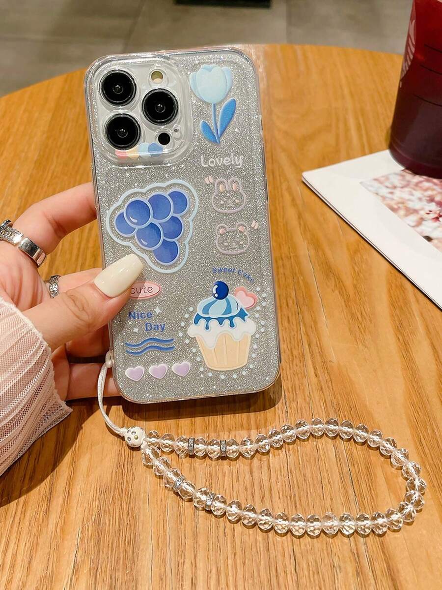 1 件透明防震 Tpu 手機殼,搭配印花設計,1 件水晶串珠手鍊,1 件閃光卡紙,相容於 Apple、三星、小米手機 - 彩色 - 查看 1