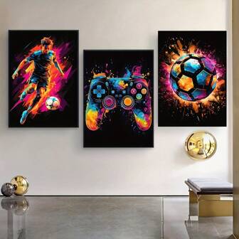 3 Pcs Abstract Football Sportsman Poster Decorative Game Controller Color Splash Ink Canvas Painting Kids Bedroom Living Room Decor,Wall Art Gifts Birthday Graduation