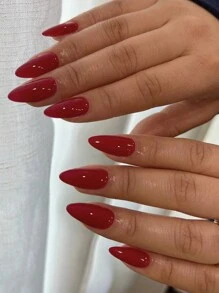 24 pezzi Set di unghie finte a forma di mandorla di colore rosso, design di lunghezza media, perfettamente adattabili, adatte per uso quotidiano di donne e ragazze, adesivi per manicure fai-da-te, accessori per arte di unghie - Rosso - Visualizzare 2