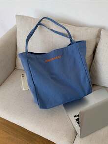 Blue Embroidered Shoulder Tote Bag, Minimalist Style School Bookbag - Dusty Blue - View 7