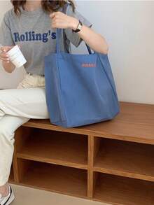 Blue Embroidered Shoulder Tote Bag, Minimalist Style School Bookbag - Dusty Blue - View 3