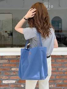 Blue Embroidered Shoulder Tote Bag, Minimalist Style School Bookbag - Dusty Blue - View 1