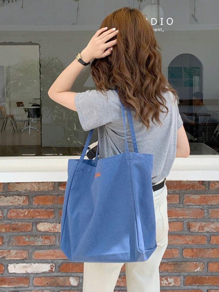 Blue Embroidered Shoulder Tote Bag, Minimalist Style School Bookbag - Dusty Blue - View 1