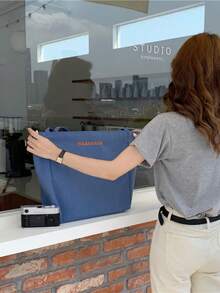 Blue Embroidered Shoulder Tote Bag, Minimalist Style School Bookbag - Dusty Blue - View 6