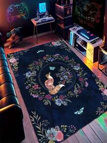 1片狐狸和蝴蝶印花水晶絨地毯,適用於客廳家居裝飾 - 彩色 - 查看 1