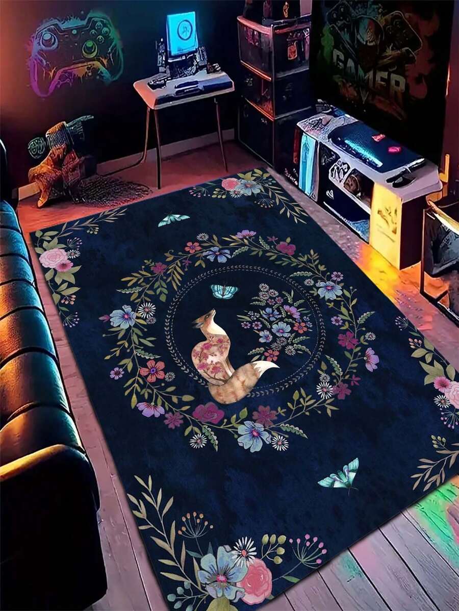 1片狐狸和蝴蝶印花水晶絨地毯,適用於客廳家居裝飾 - 彩色 - 查看 1