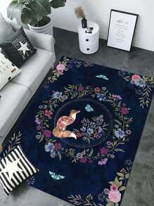 1片狐狸和蝴蝶印花水晶絨地毯,適用於客廳家居裝飾 - 彩色 - 查看 2